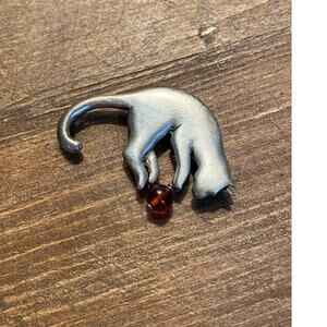 Silver Cat Playing with Ball Brooch